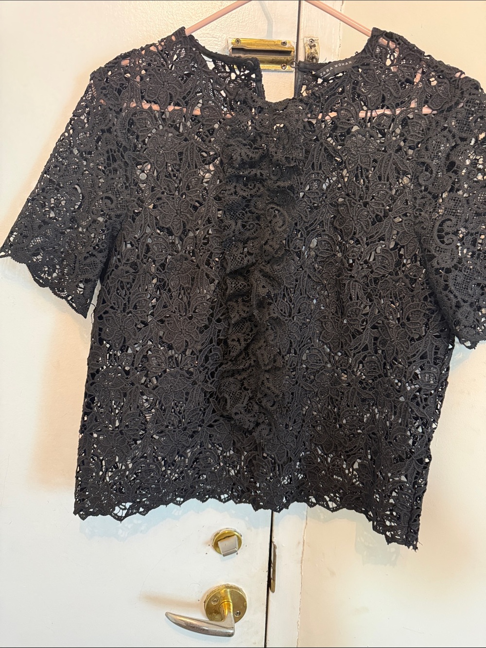 Zara Black Floral Crochet Short Sleeve Top